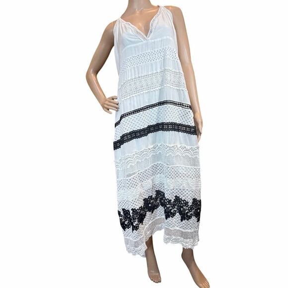 By Anthropologie Whimsigoth Boho Tiered Maxi Dress Contrast Crochet Lace SZ L - Picture 7 of 16